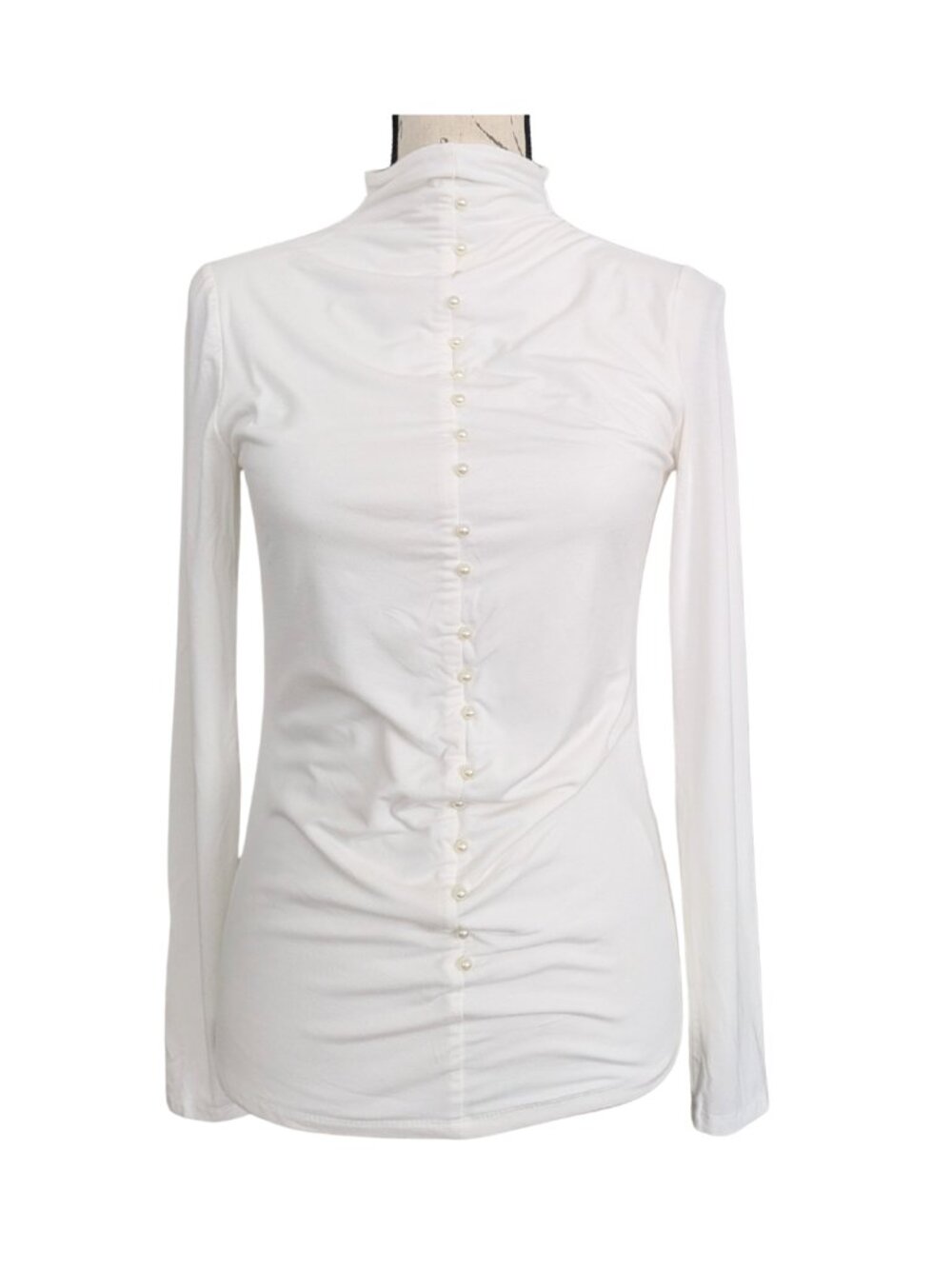 Elie Tahari Ivory Ruched Mock Neck Stretch Knit Top Pearl Detail XS - Picture 2 of 7